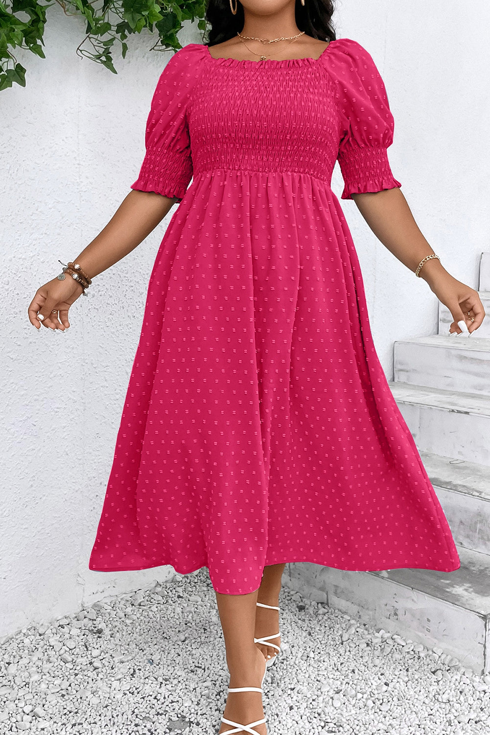 Sachet Pink Swiss Dot Smocked Frilled Neckline Short Sleeve Plus Size Dress