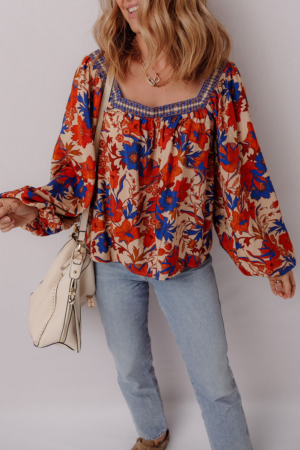 Multicolour Floral Print Square Neck Backless Loose Fit Blouse