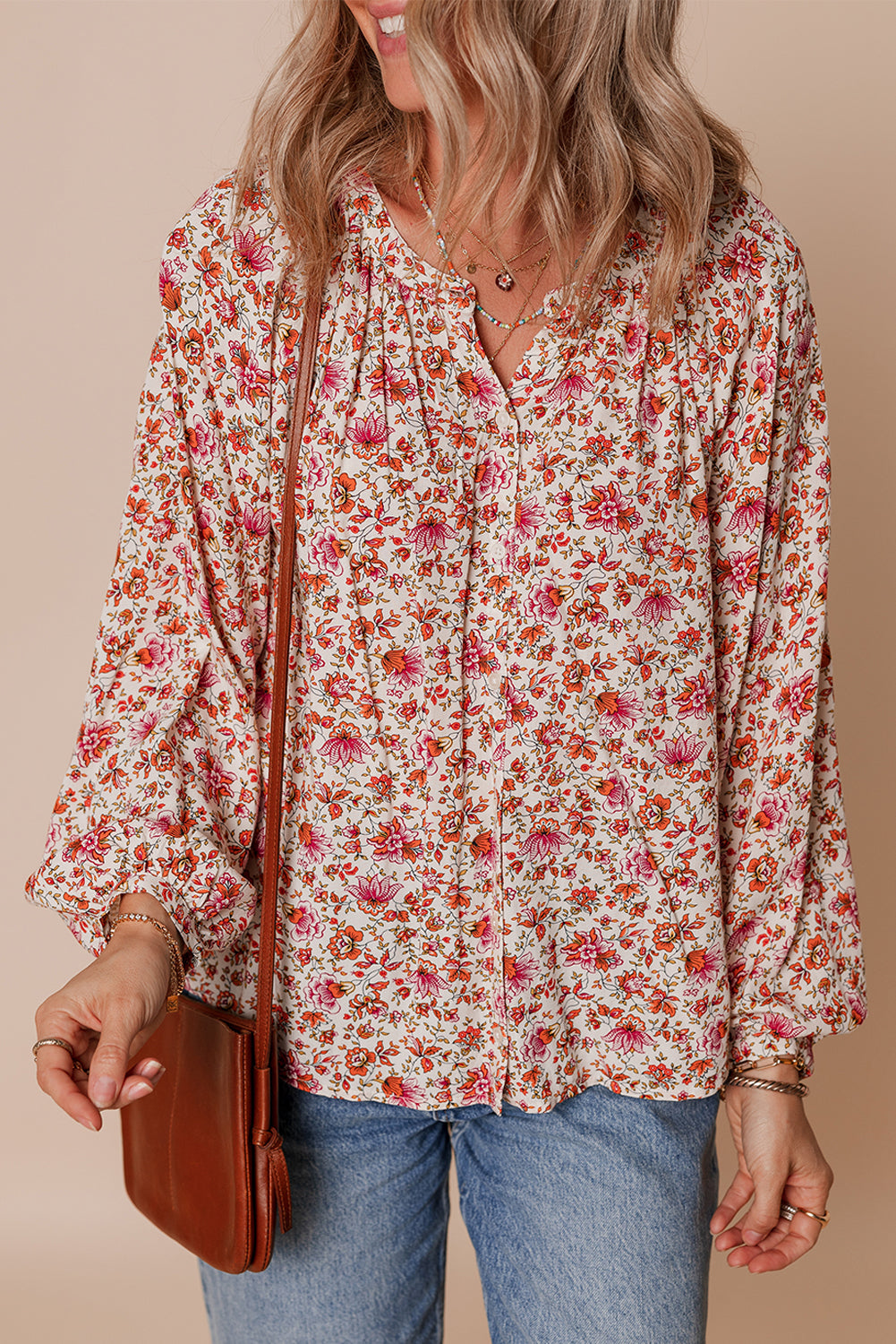 Red Floral Print Pleated Detail Notched Neck Puff Sleeve Blouse