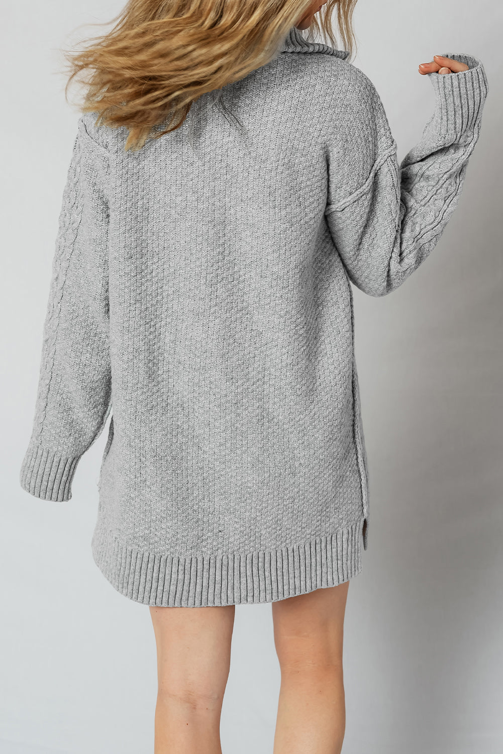 High Cable Knit Quarter Zip Ribbed Trim Loose Sweater Dress