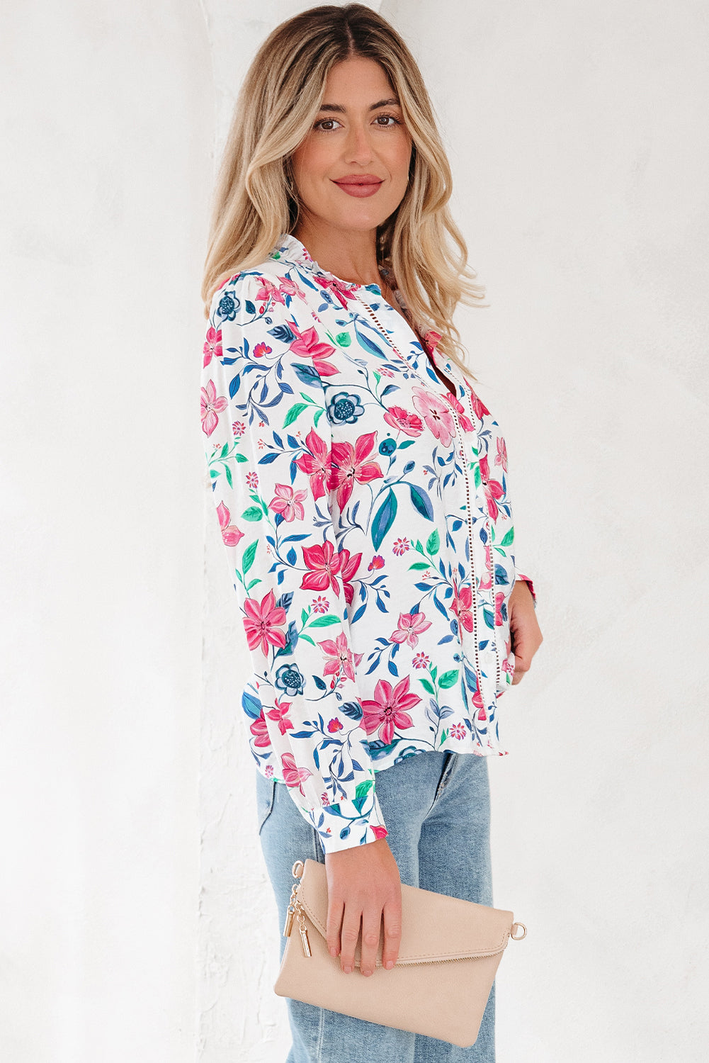 Pink Floral Print Lace Detail Button-up Long Sleeve Shirt