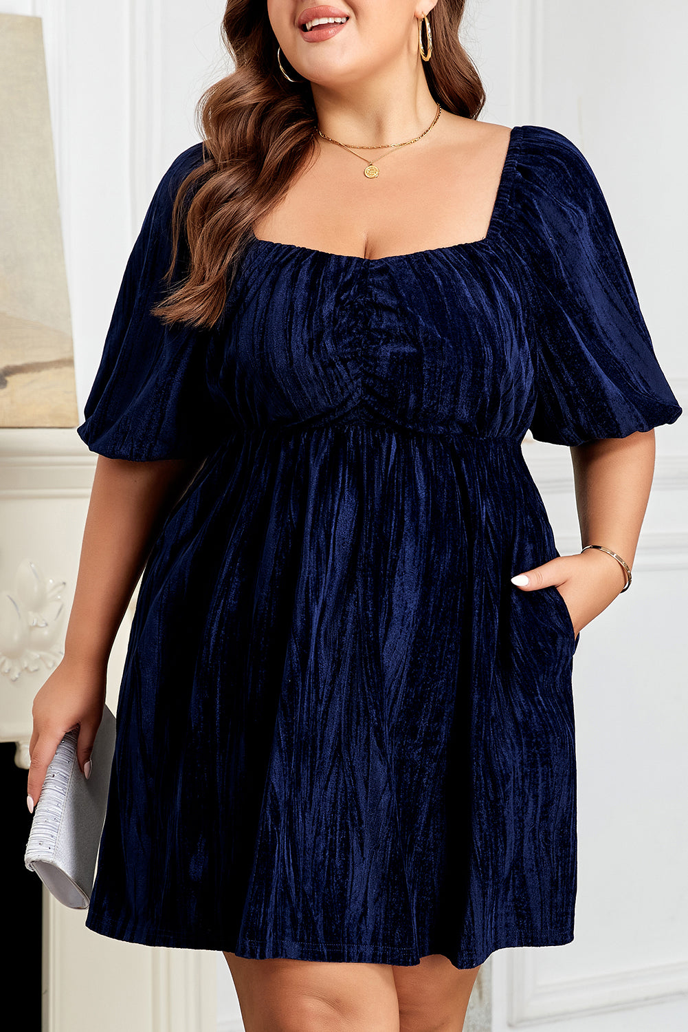 Navy Blue Velvet Ruched Bust Square Neck Short Puff Sleeve Plus Dress