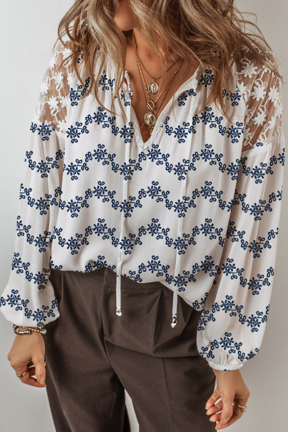 Blue Lace Patchwork Floral Bubble Sleeve V Split Neck Blouse