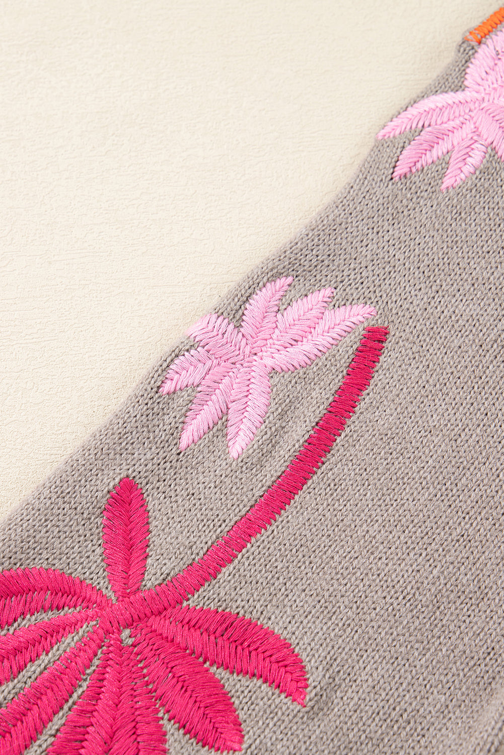 Simply Taupe Embroidered Floral Sleeve Round Neck Loose Sweater