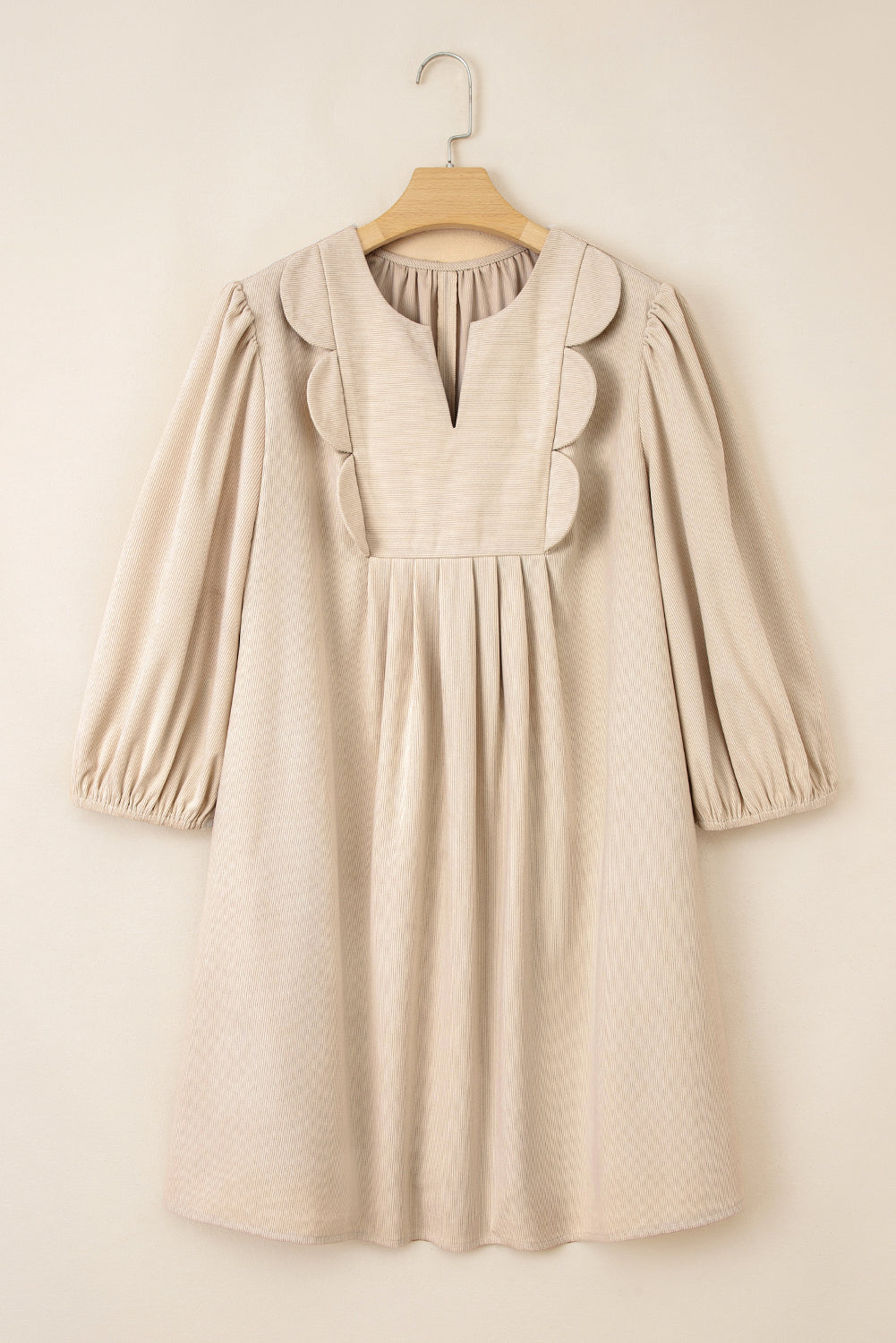 Parchment Notched Neck Scallop Detail Plus Size Mini Dress