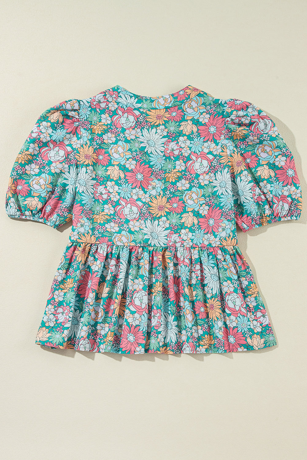 Multicolour Notched Neck Puff Short Sleeve Floral Blouse