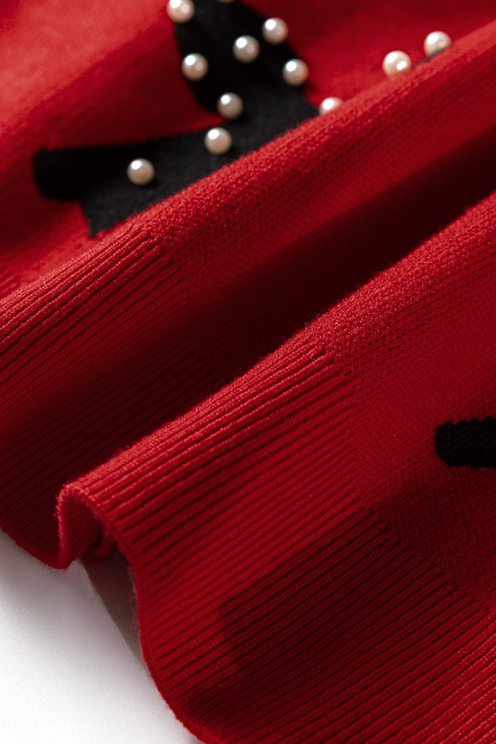 Racing Red Pearl Embellished Bow Pattern Loose Sweater