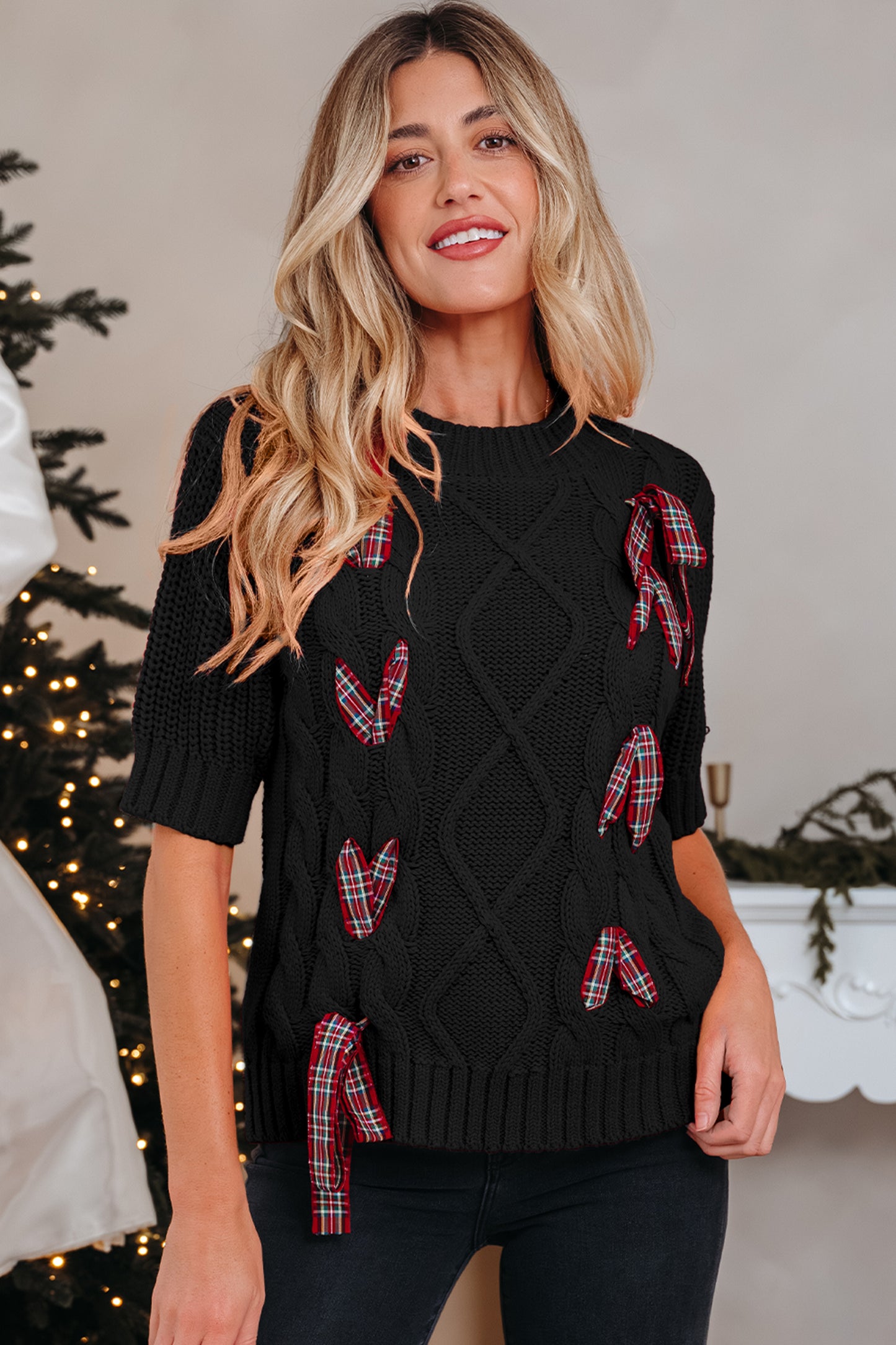 Black Plaid Lace up Detail Christmas Holiday Puff Short Sleeve Sweater
