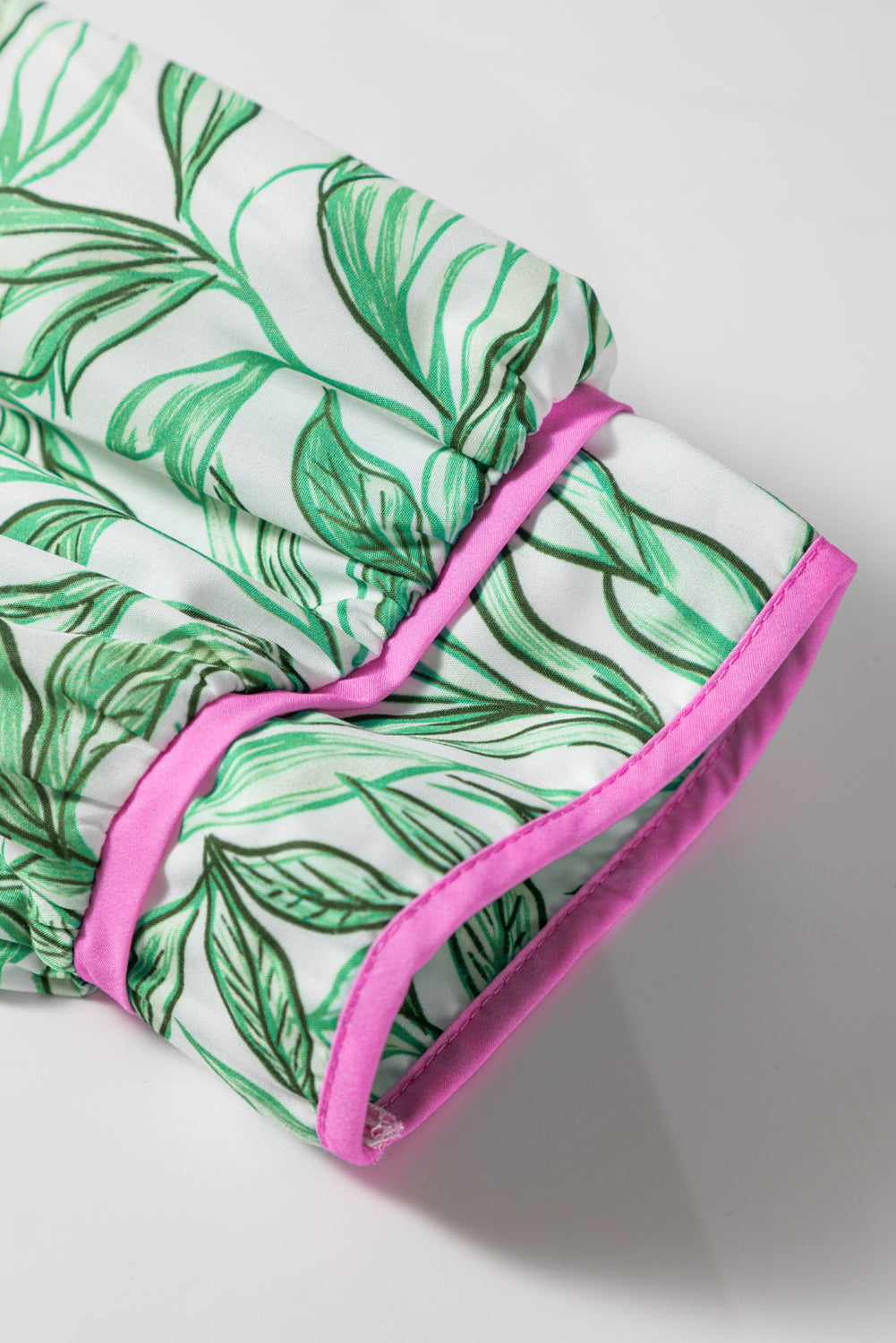 Green Leaves Pattern Color Block V Neck Puff Sleeve Blouse