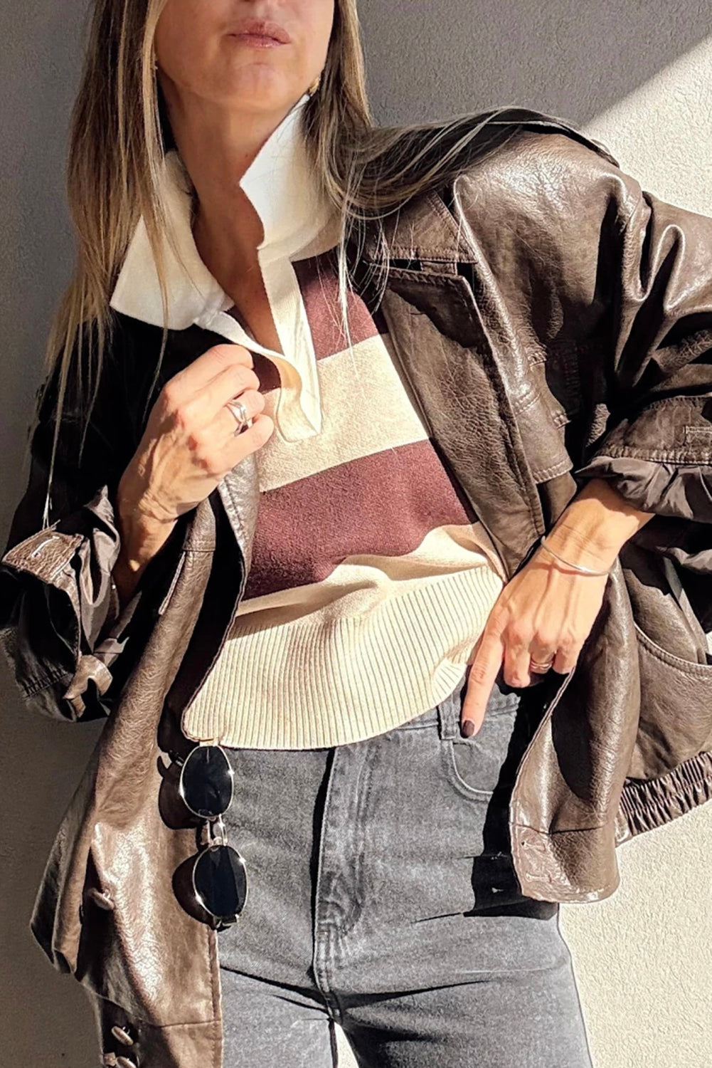 Brown Ribbed Trim Color Block Knitted Polo Collar Sweater