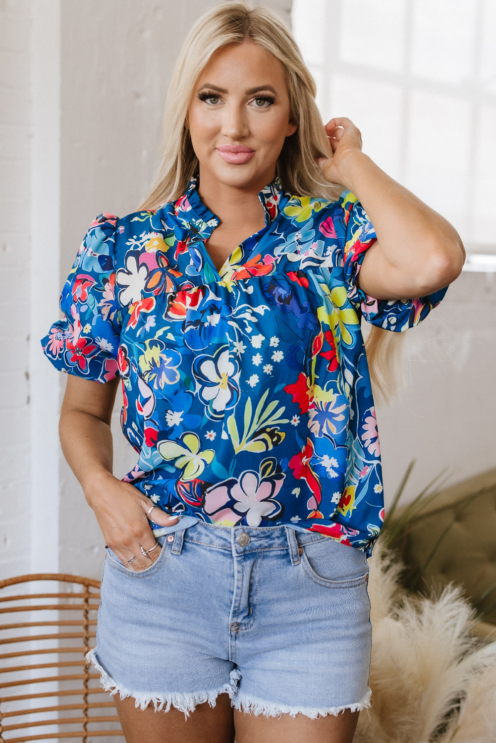 Blue Flower Print Collared V Neck Puff Short Sleeve Loose Blouse