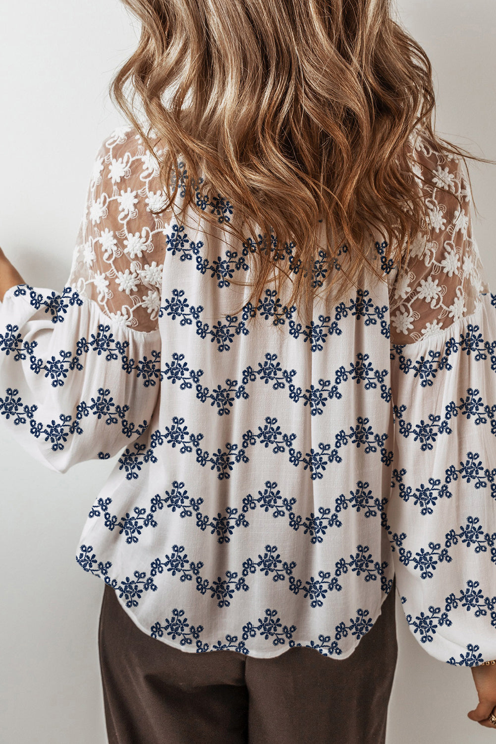 Blue Lace Patchwork Floral Bubble Sleeve V Split Neck Blouse