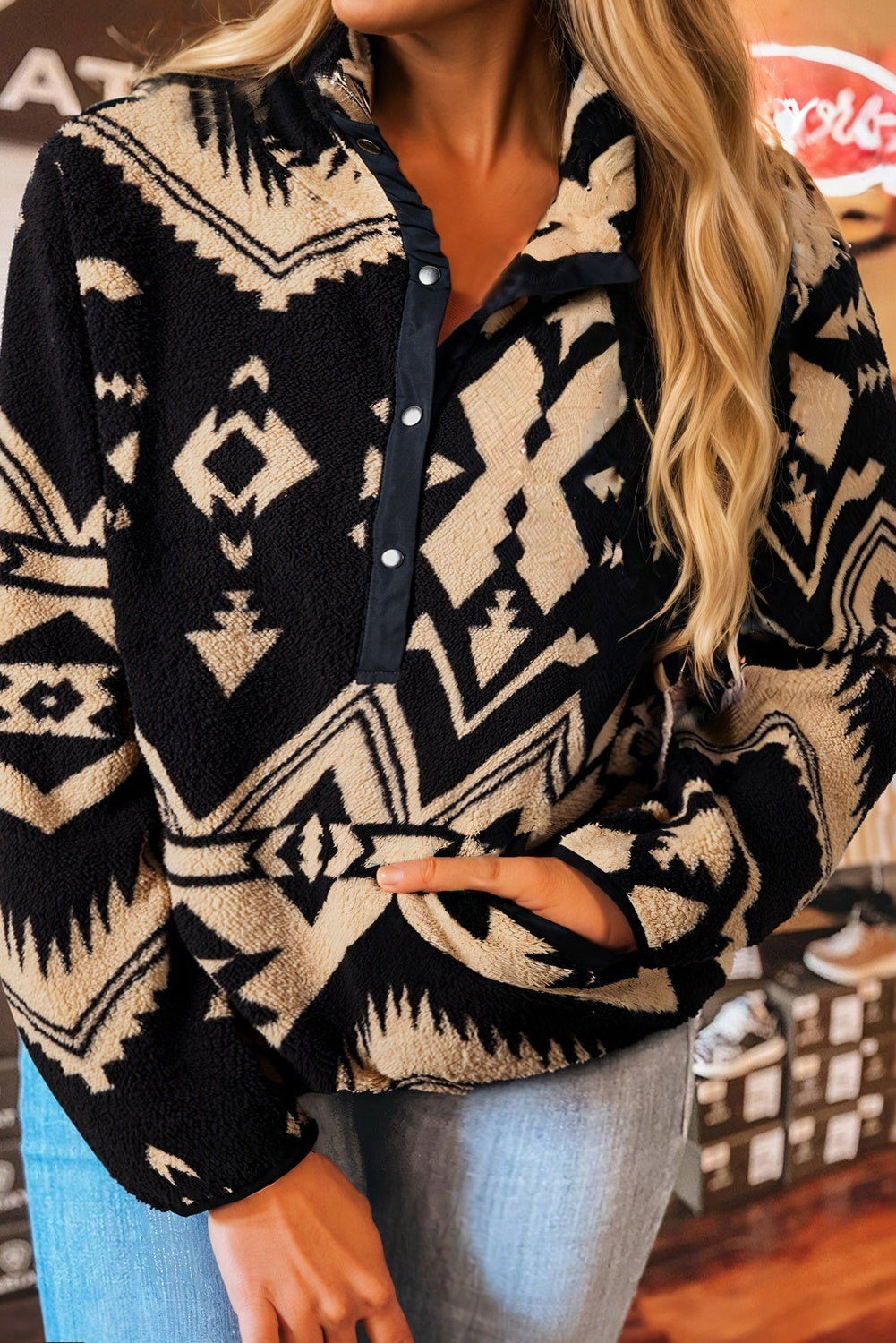 Black Plus Size Western Aztec Pattern Half Button Collared Plush Sweatshirt