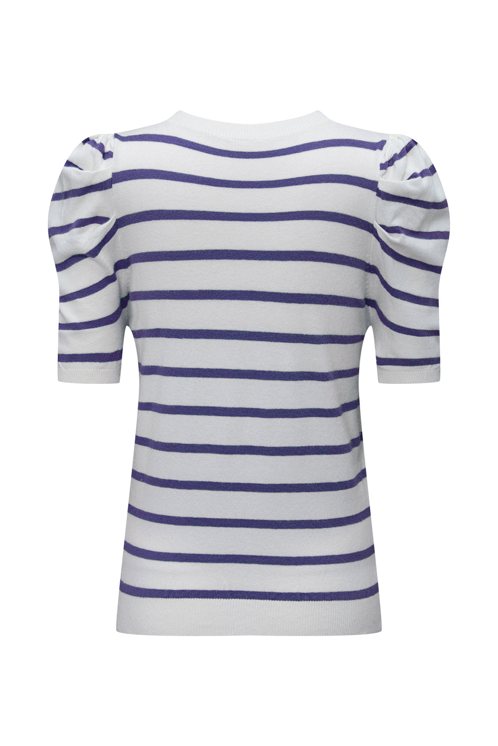 Blue Stripe Ribbed Trim Round Neck Bubble Sleeve Knitted Top