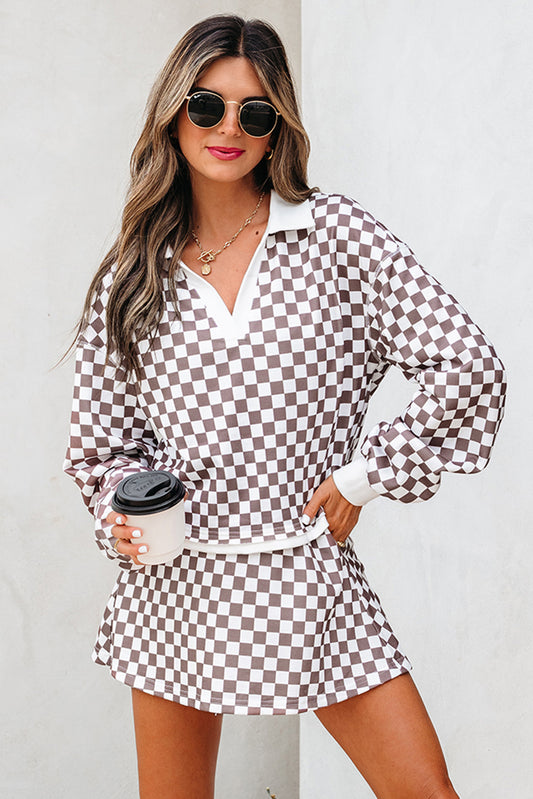 Khaki Checkered Print Polo Collar Cropped Long Sleeve Top Drawstring Mini Skirt Set