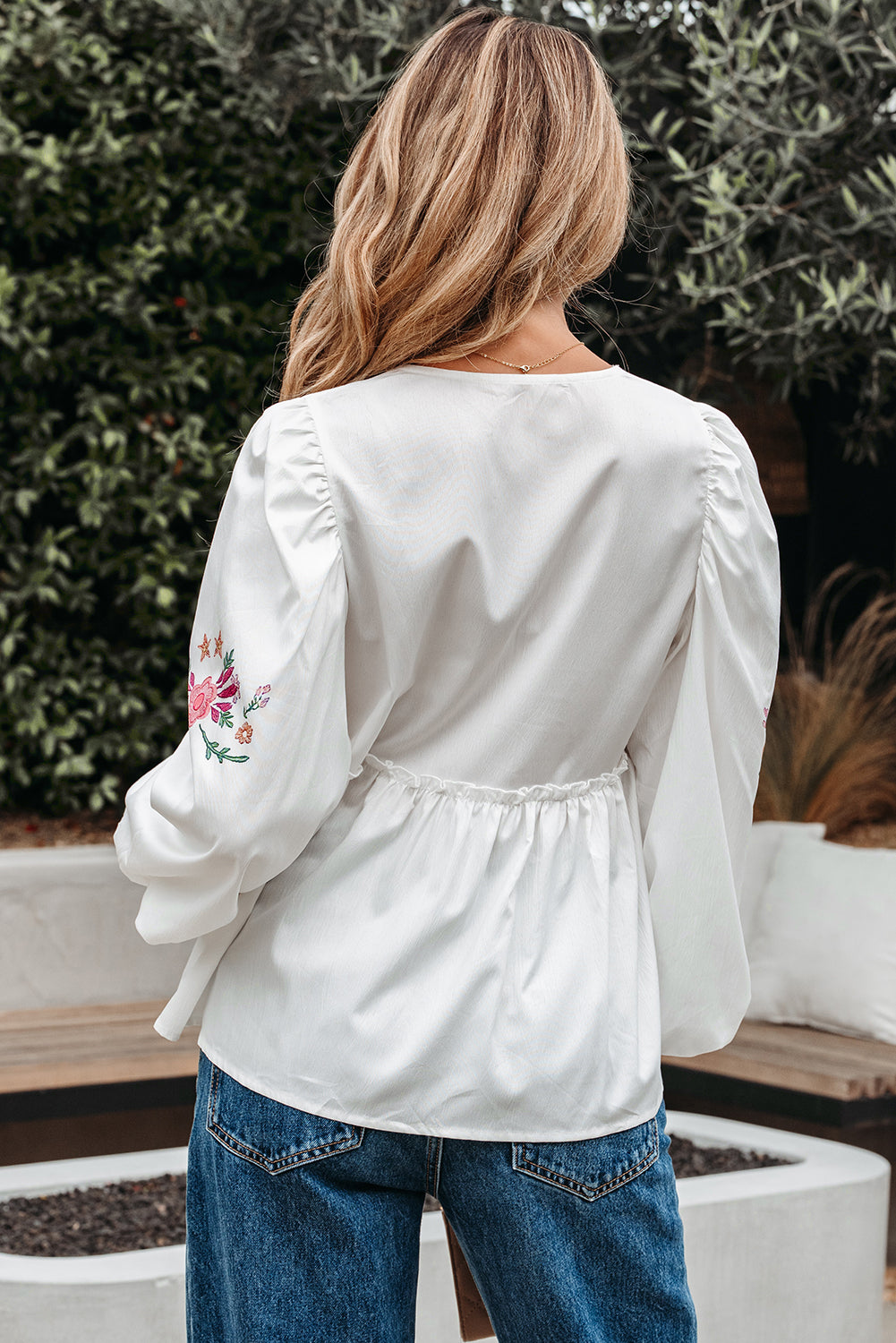 White Flower Print Lace-up V Neck Babydoll Blouse