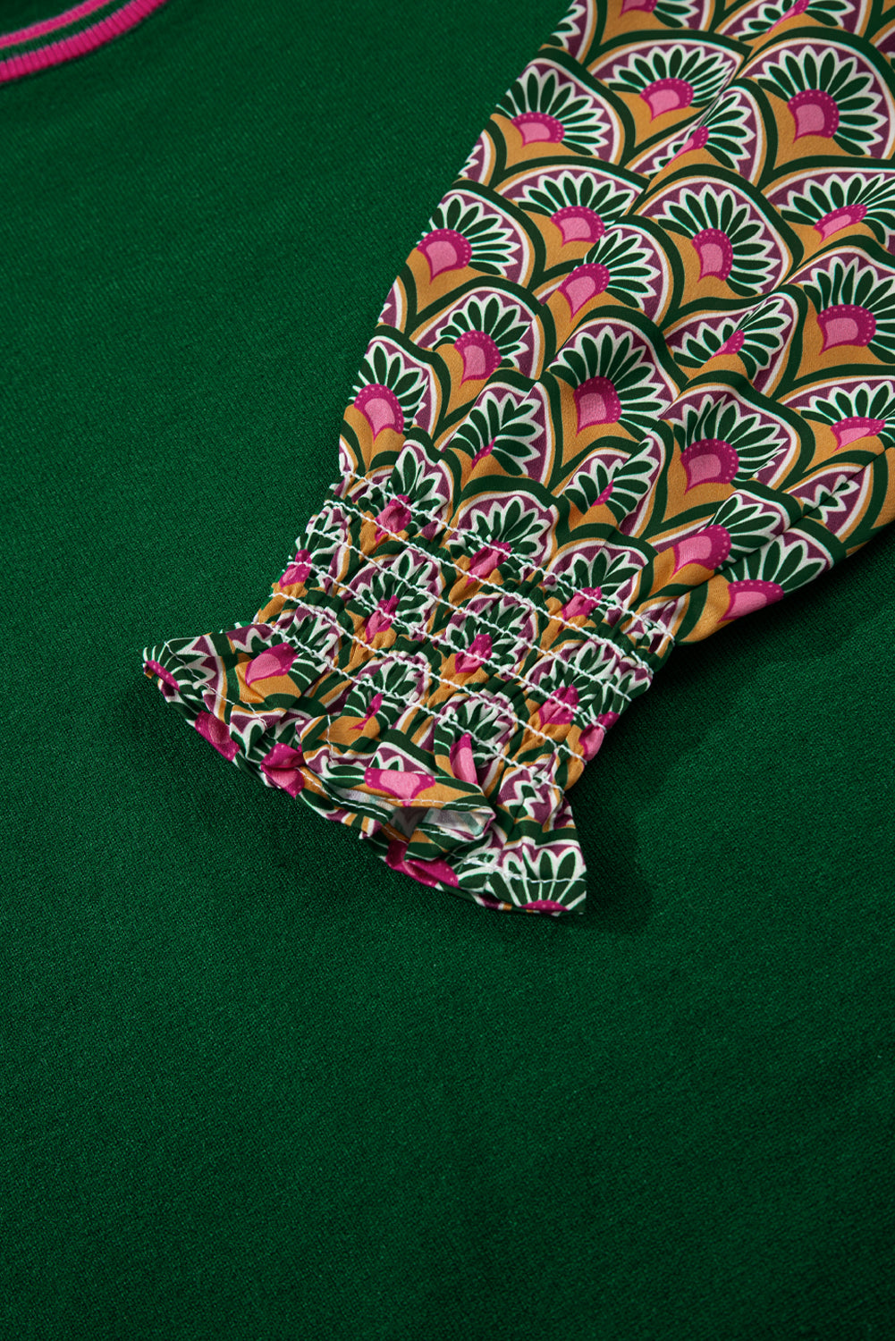 Blackish Green Floral Patchwork Shirred Cuff Puff Sleeve Sweater