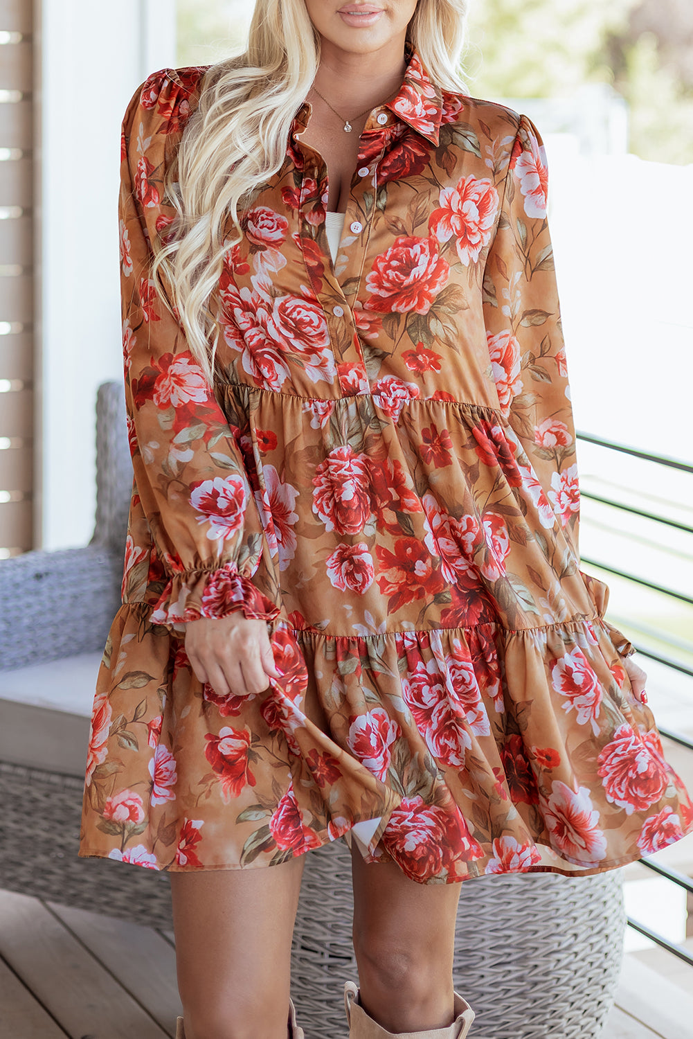 Brown Vintage Floral Print Shirt Style Half Button Long Sleeve Ruffle Mini Dress