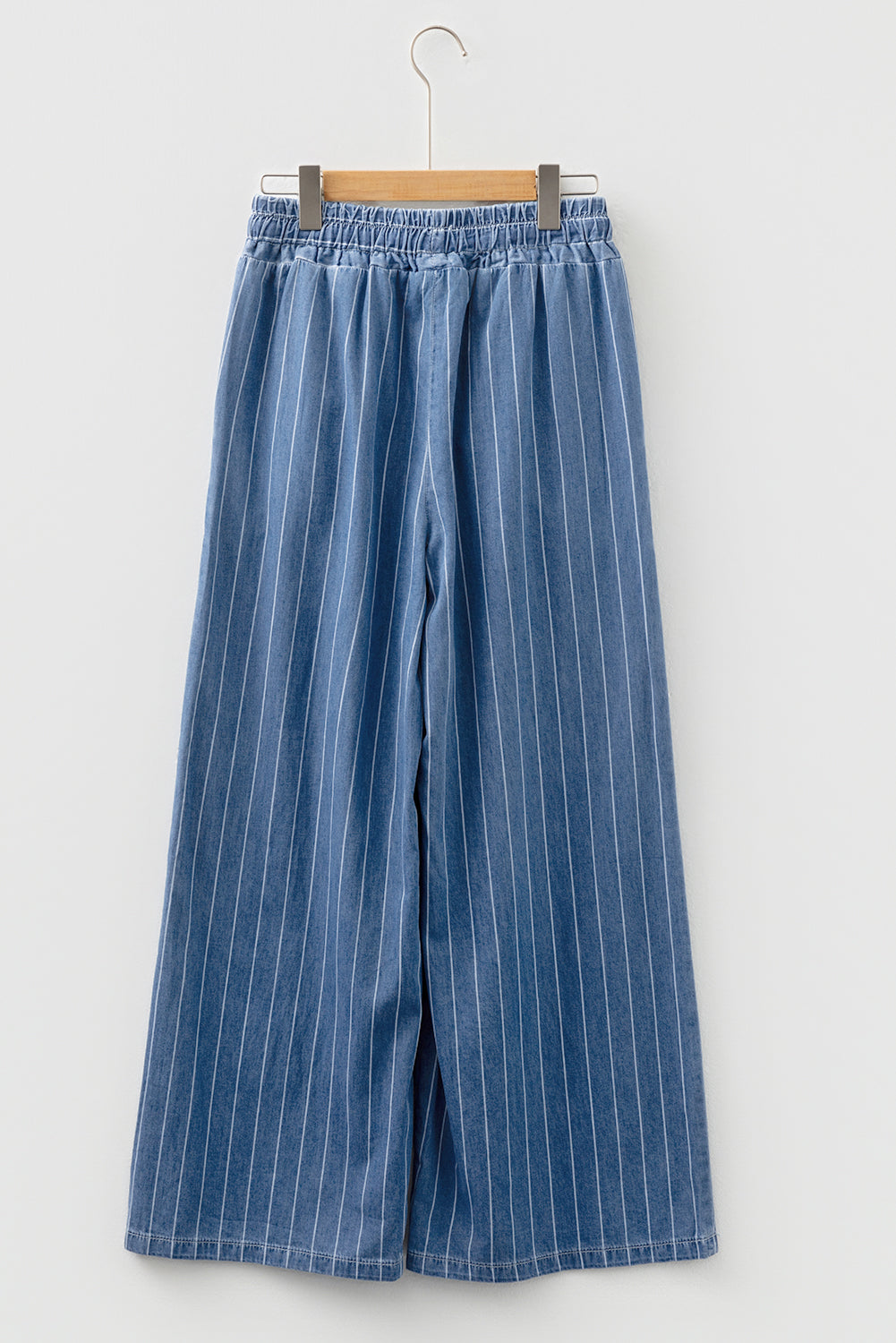 Blue Stripe Chambray Wide Leg Tied Elastic Waist Trousers