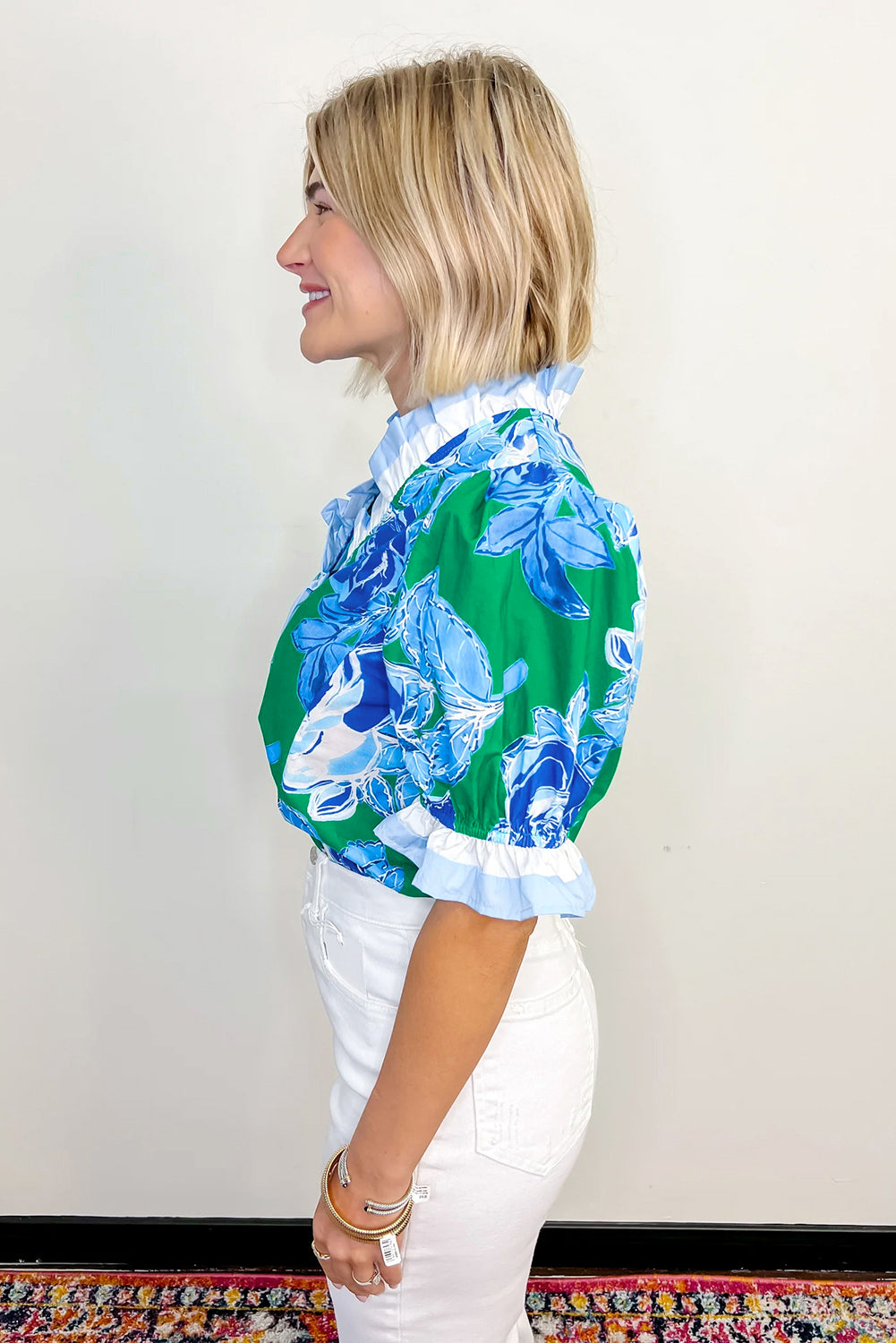 Bright Green Floral Frilled V Neck Short Sleeve Blouse Top