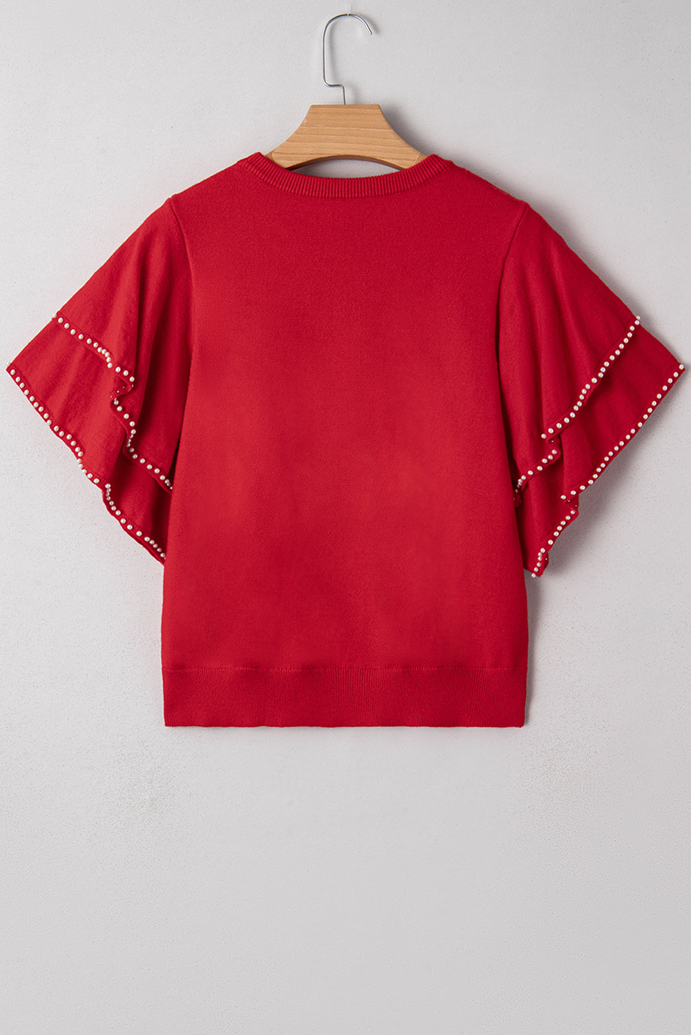 Racing Red Pearl Embellished Double Ruffle Short Sleeve Sweater