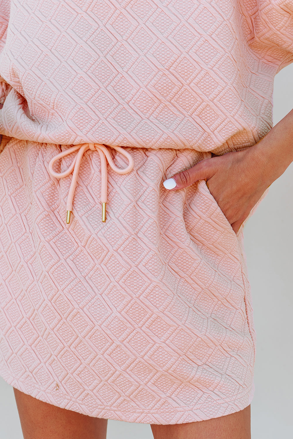 Light Pink Striped Collared Zip up Textured Skirt Set